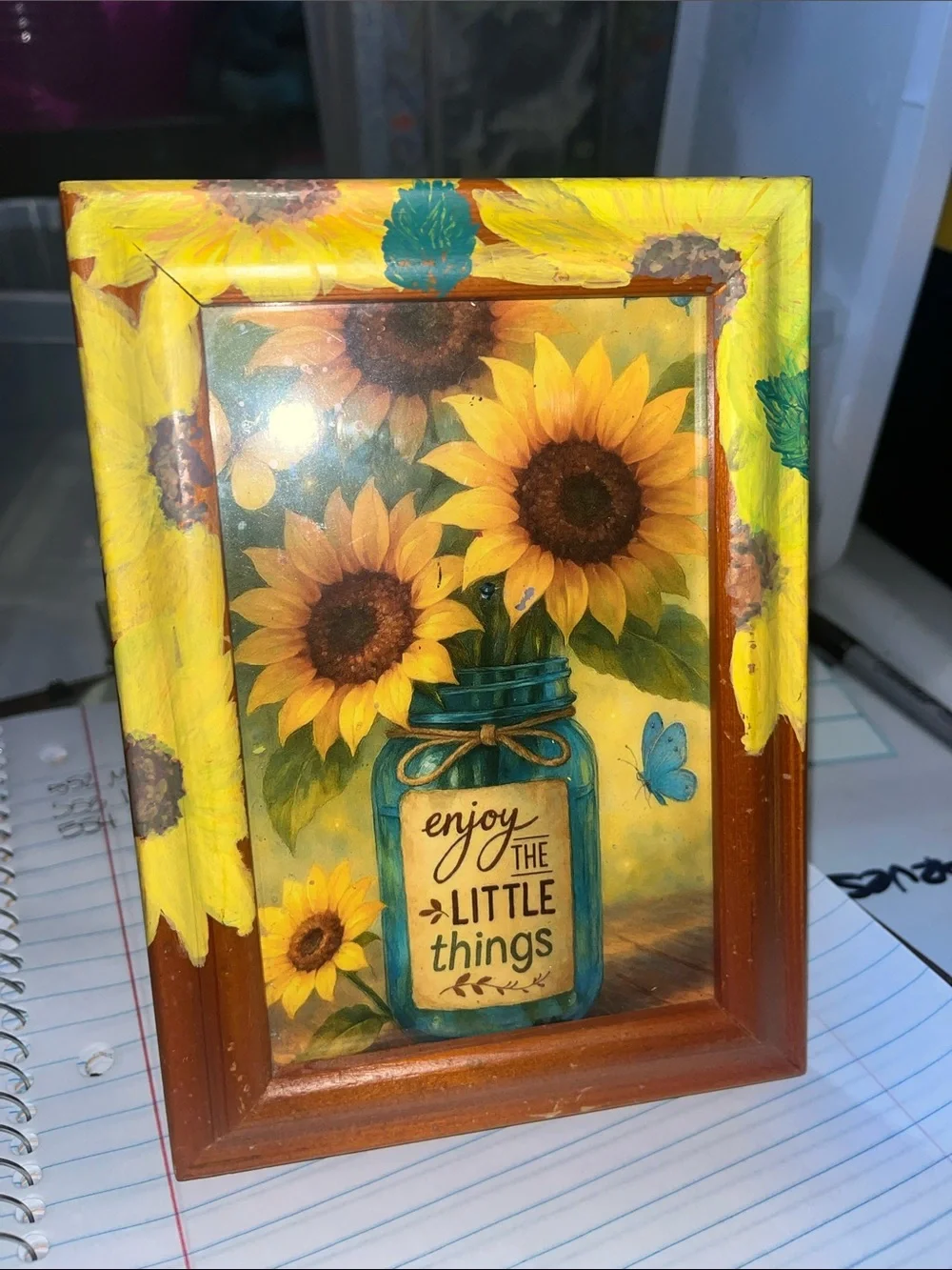 Sunflower Mason Jar Wall Frame – Yellow & Blue Handpainted flowers on frame 555